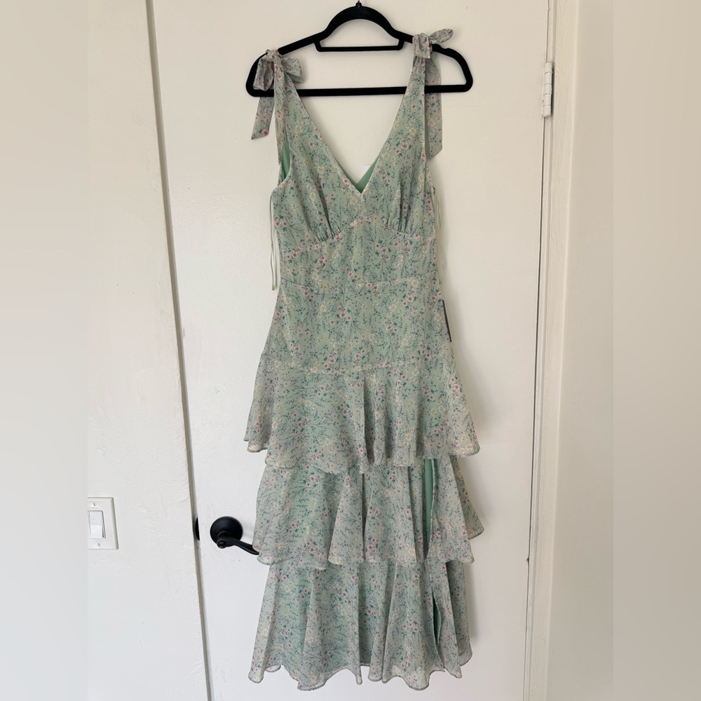 ASTR Sage Green Floral Tiered Midi Dress